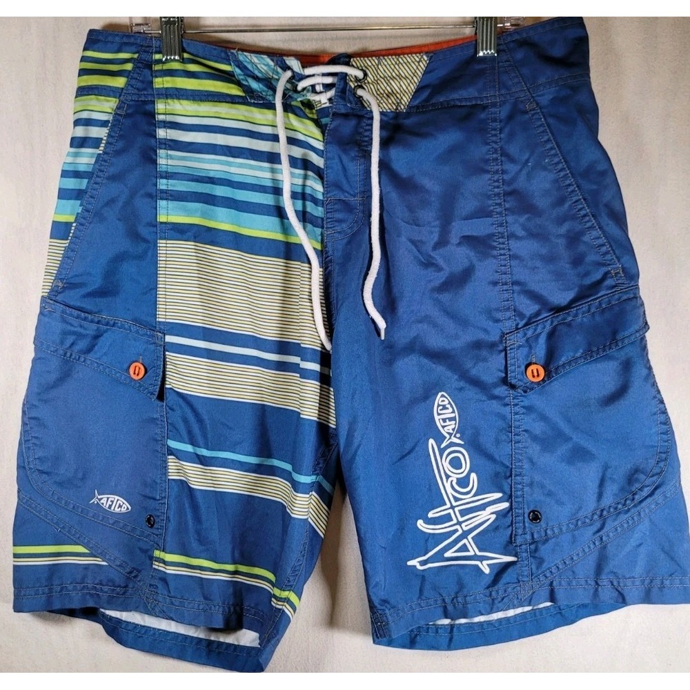 Men's AFTCO Blue Board Shorts 34 Poly‎ Fishing Beach Surf Pocket Ocean Sea Surf